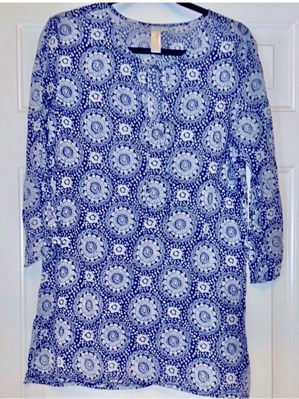 Flora Rockflowerpaper Sheer Cotton Coverup M Blue/White Tunic Beach Bell Sleeve